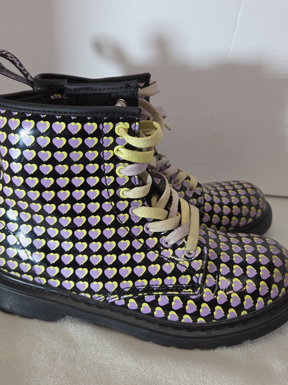 Dr. Martens Women's Black Combat Boots with Purple and Yellow Heart Pattern W 5 - Picture 3 of 8